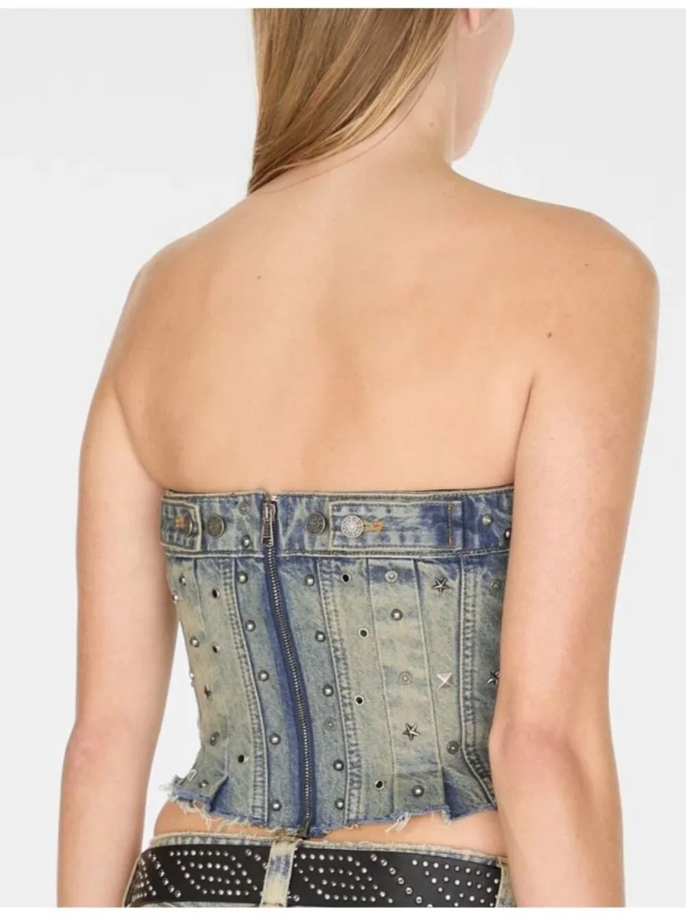 GUESS USA Silver Stud Embellished Gusa‎ Indigo Brown Tint Denim Corset Large